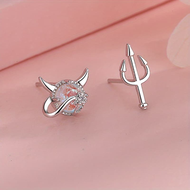 TEMU 1pair Elegant And Compact Jewelry Earrings Round Synthetic Zirconia And Triangular Fork Asymmetrical And Cute Design Fashionable And Exquisite Accessories For Commuting