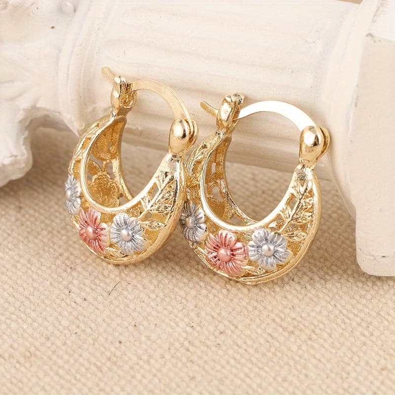 TEMU Vintage Flower Carved Hoop Earrings, Elegant And Luxurious Women's Jewelry, Gift