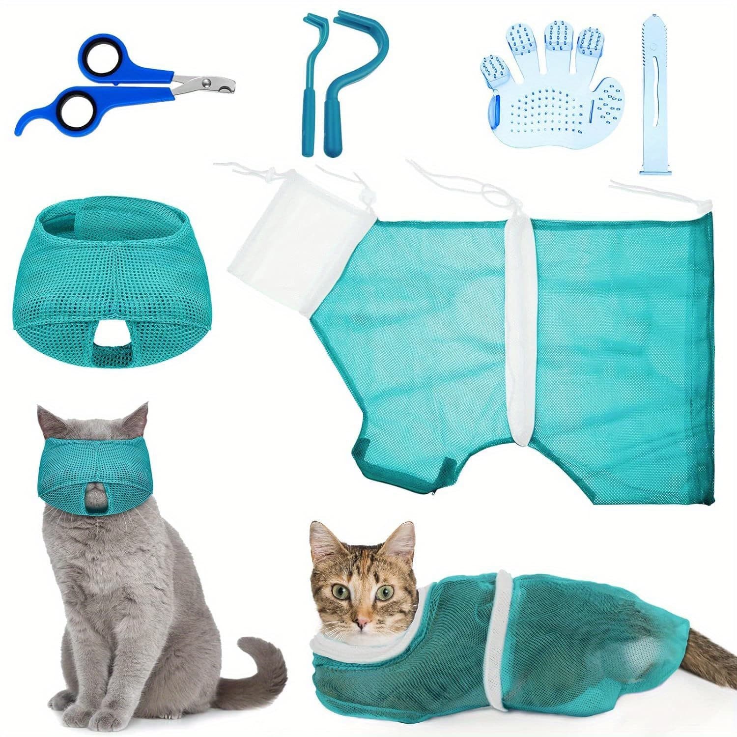 TEMU Christmas5pcs Cat Grooming Set, Adjustable Bath Bag With Anti-bite, Nail Clipper, Tick Remover, Massage Brush, Durable Cat Net, Pet Shower Net.