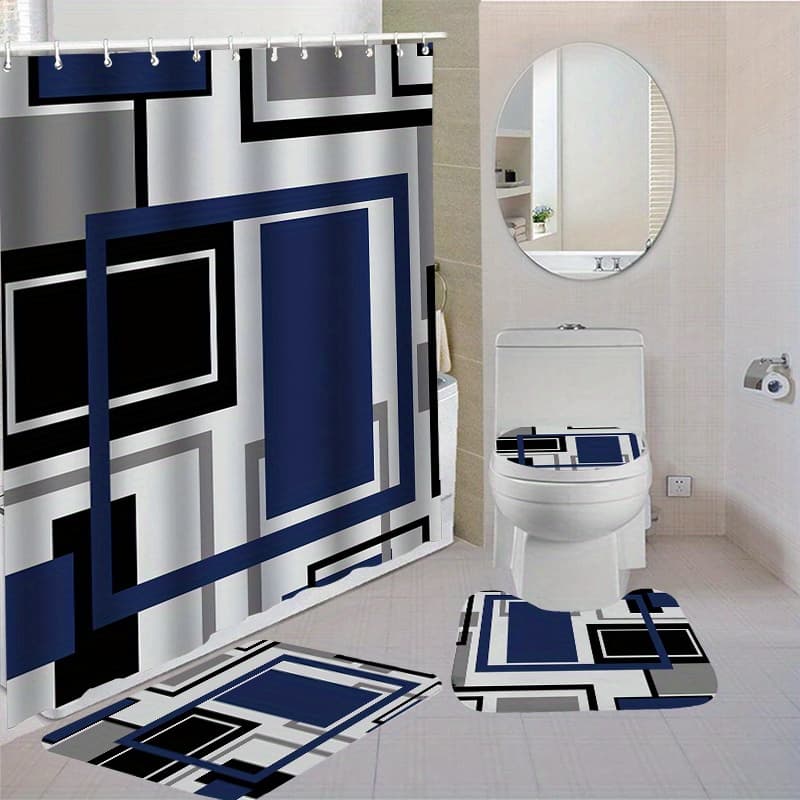 TEMU Set Of 4 Bathroom Additions Including A Shower Curtain With 12 Hooks, Toilet Seat Cover, Bath, And Non-slip Made From Washable Polyester Fabric, Suitable For Bathroom For Windows