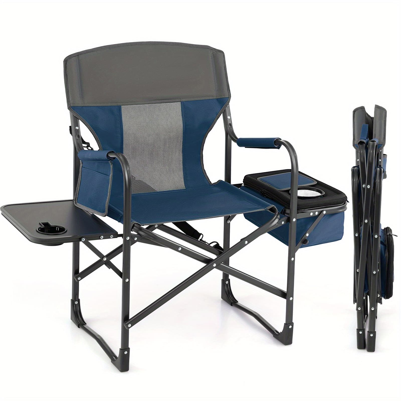 TEMU Costway Folding Camping Directors Chair Portable With Cooler Bag & Side Table Blue