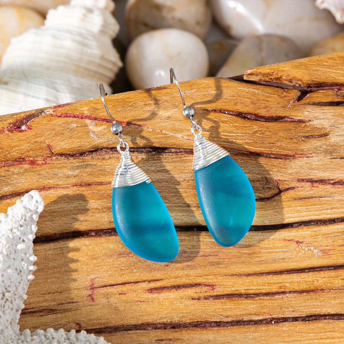 TEMU 1 Pair Bohemian Sea Glass Earrings, Beach Sea Glass Jewelry Wire Wrap Dangle Earrings