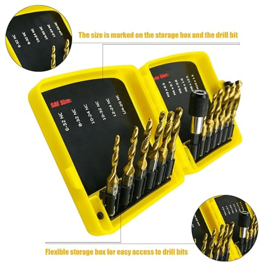 TEMU 13pcs Sae/metric Threading Tap Drill Bit Set With 1/4 Inch Hex Shank, And Adapter Titanium Coated Drill Tap Combination