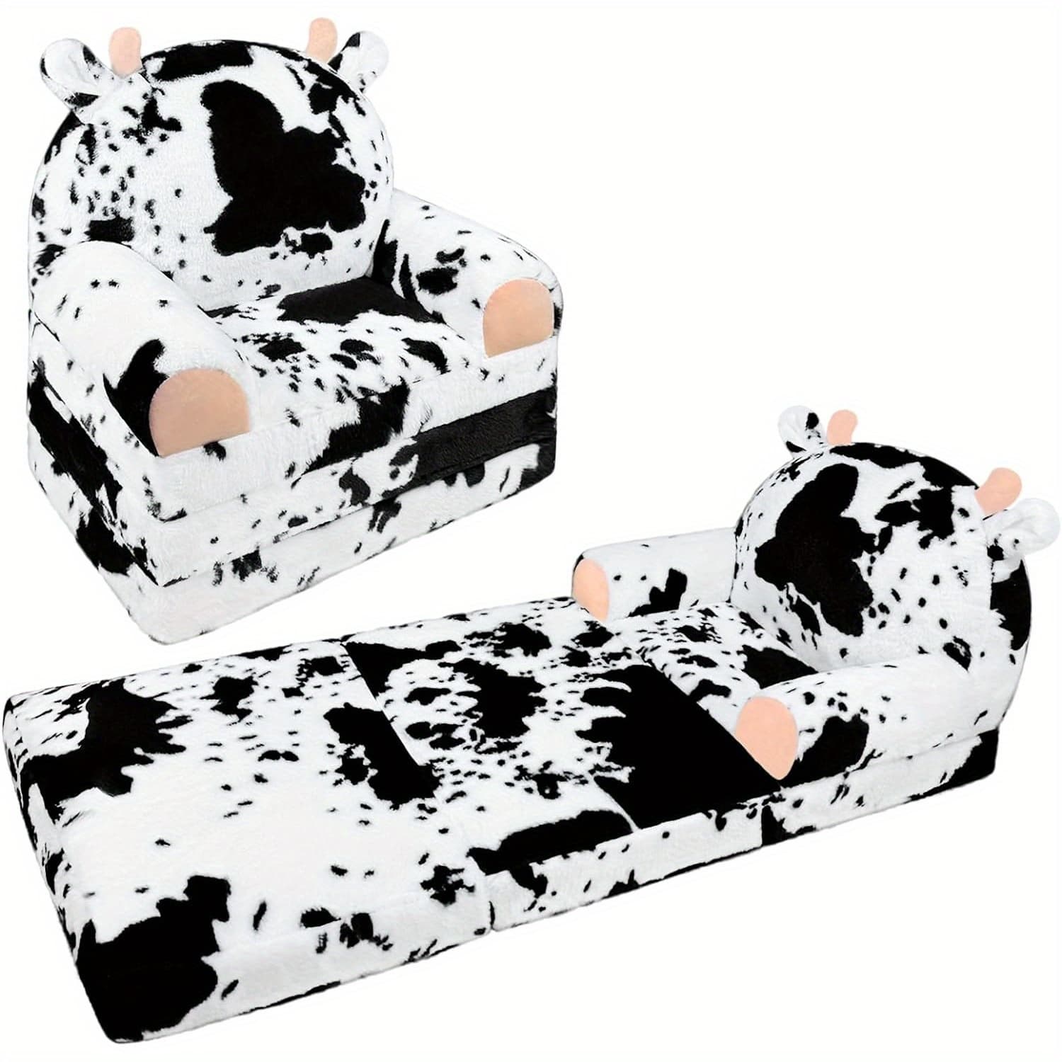 TEMU Kids Foldable Sofa Chair, Soft Plush Milk Cow Pattern 2-in-1 Flip Open Children's Lounger, Removable Washable Cover, Lightweight Comfy Animal Chair For Reading Nook