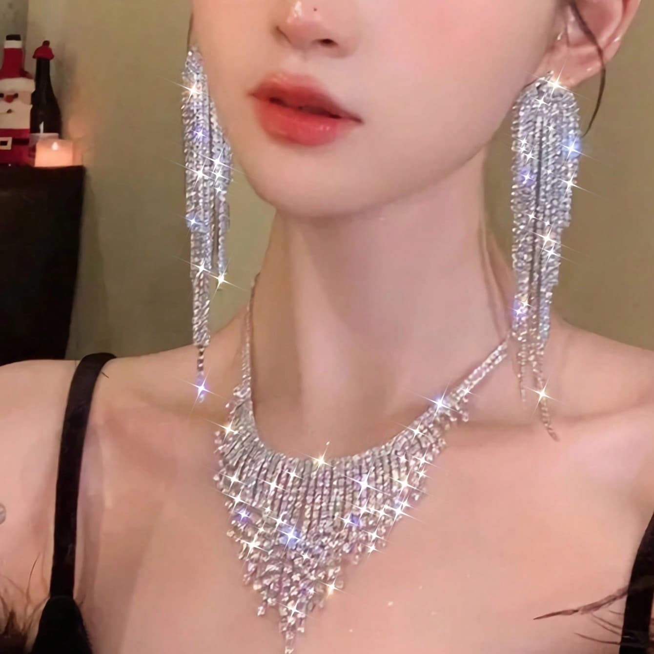TEMU Sparkling Oversized Tassel Earrings & Necklace Set, Shiny Fringe Statement Jewelry Ideal For Parties, Birthdays, Weddings, Etc.