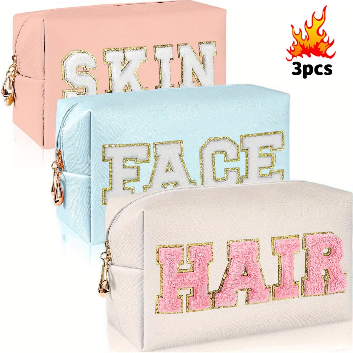 TEMU 3pcs 3pcs Preppy High Quality Synthetic Leather Makeup Bag Suitable For Women - Chenille Cosmetic Organizer With Cute Zipper, Soft Toiletry Pouch For Travel,, Daily Use