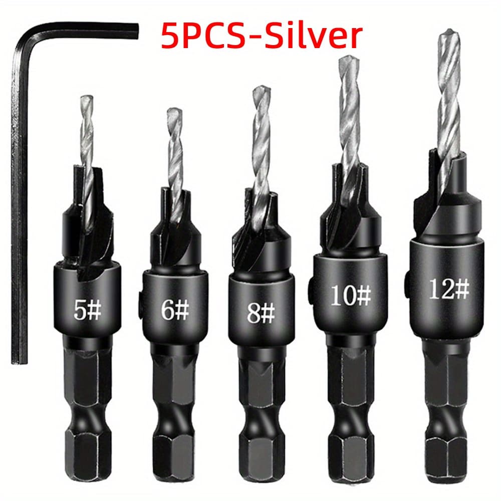 TEMU Set Of 4/5 Woodworking Countersink Drill Bits, Featuring A 1/4" Hex Shank, Ideal For Woodworking, Including 1 L-wrench And Sizes #5, #6, #8, #10, And #12