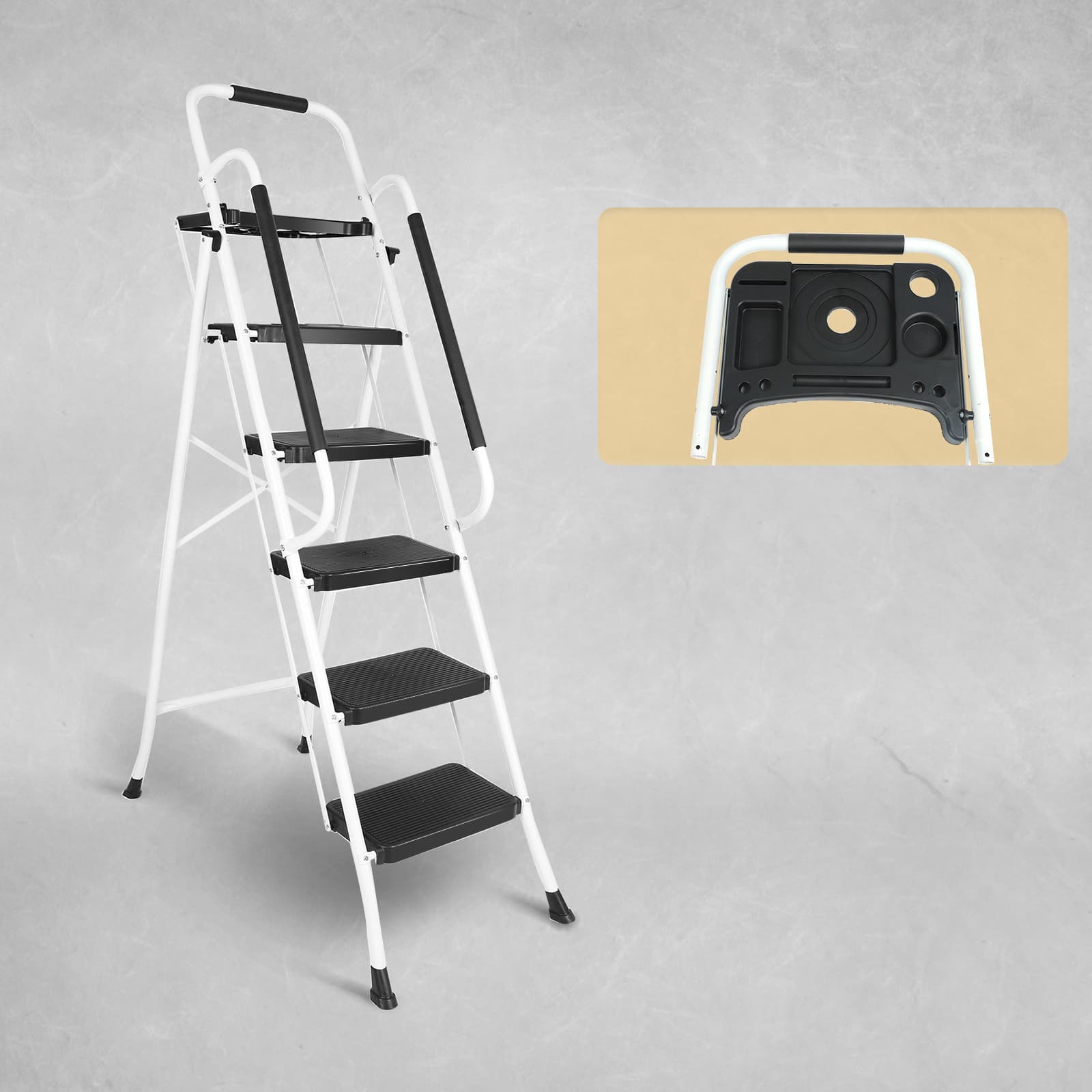 TEMU 3 Step Ladder With Handrails 500 Lbs Heavy Duty Folding Step Stool With Tool Bag & Anti-slip Wide Pedal For Home Kitchen Pantry Office