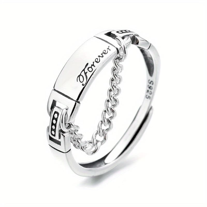 TEMU 1pc S925 Pure Silvery Vintage English Letter Chain Ring With Simple And Adjustable Opening Design