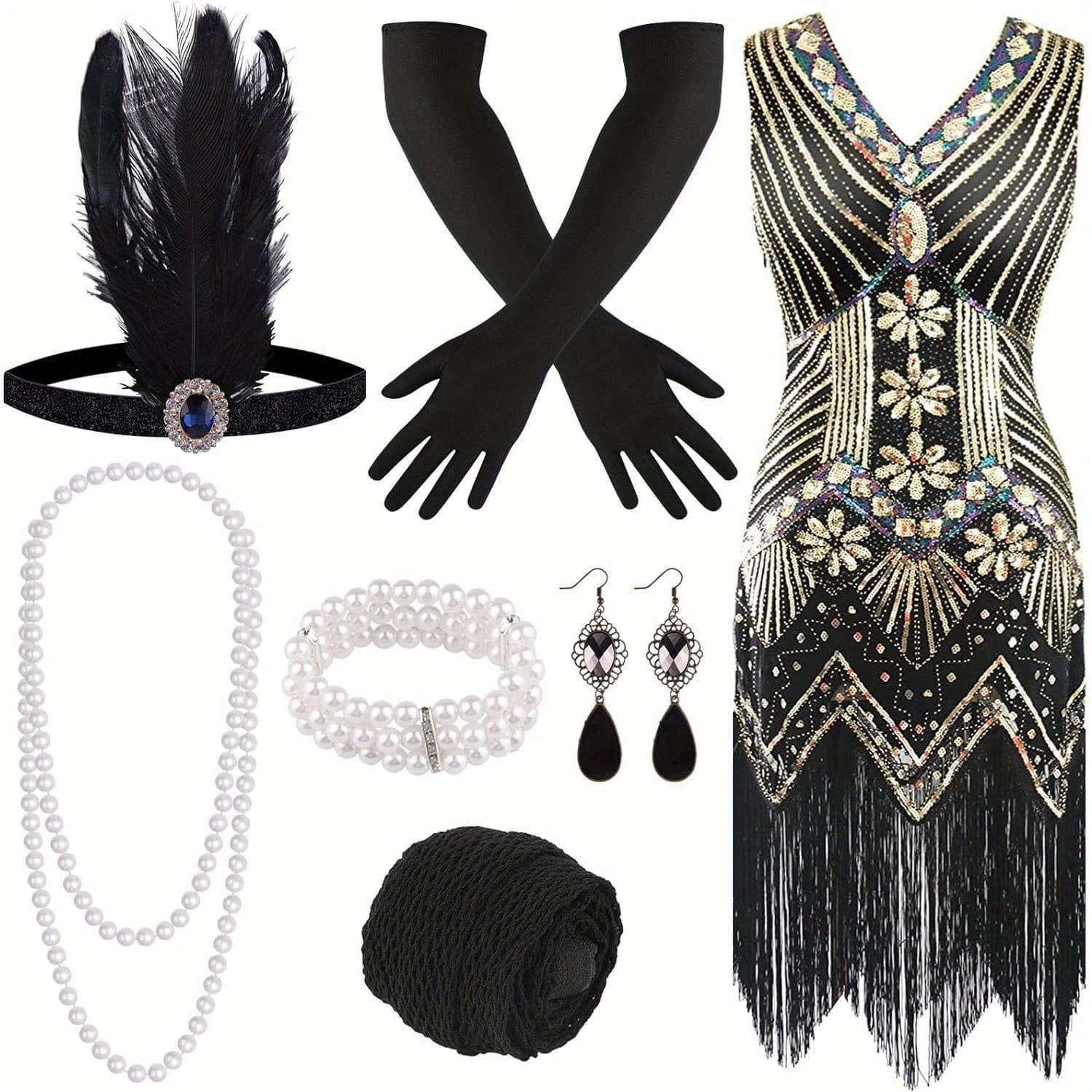 TEMU 1920s V Neck Sequin Beaded Fringed Dress With 20s Accessories Set