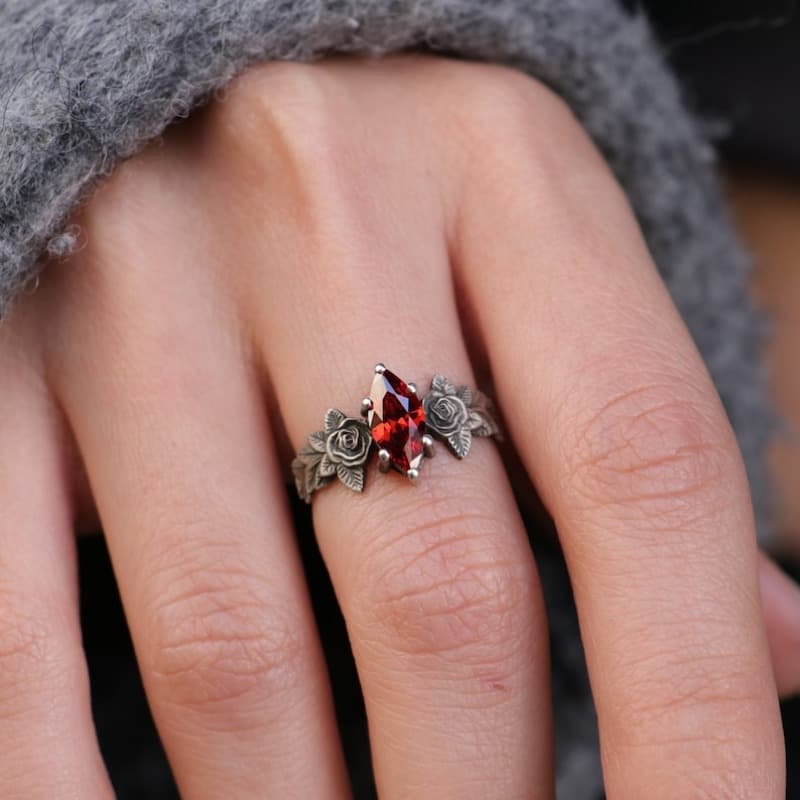 TEMU Vintage Marquise Garnet Ring, Silvery Plated Garnet Ring, Special Jewelry, Garnet Engagement Ring Promise Ring Ring Fashion Jewelry