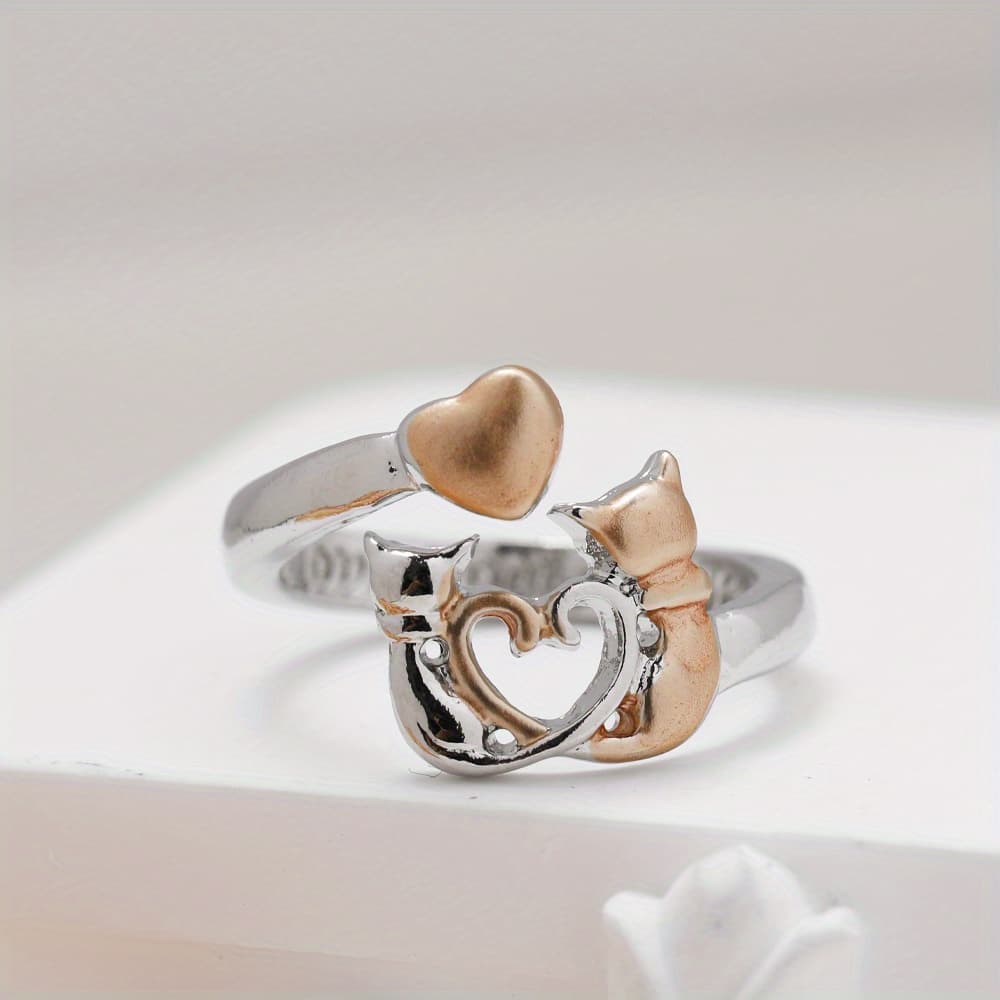 TEMU Fashion Exquisite Cat And Love Heart-shaped Ring Birthday Christmas Gift For
