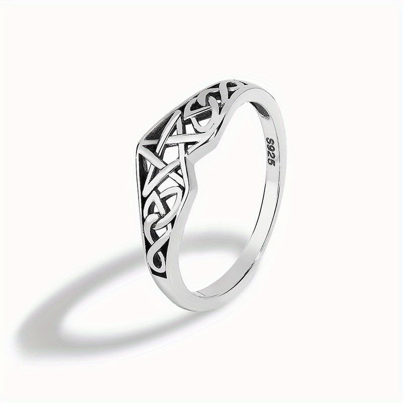 TEMU 925 Silver Ring Trendy Celtic Knot And Pentagram Design Suitable For Men And Women Match Daily Outfits High Quality Jewelry 1.5g/0.05oz