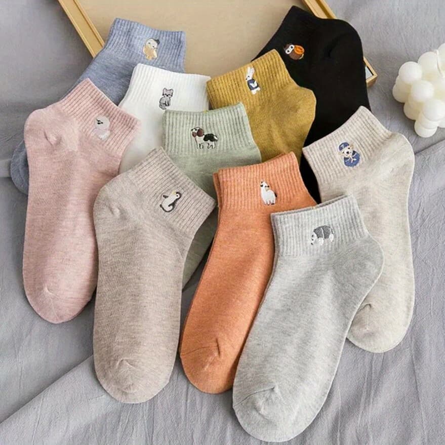 TEMU 10 Pairs Of Women's Cute Animal Embroidery Socks, Ankle Socks, Boat Socks, Low Cut Ankle Socks