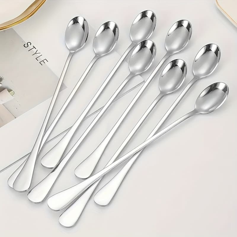 TEMU 10pcs Stainless Steel Long Handle Spoons Set - Dishwasher Safe, No Electricity Needed, Ideal For Ice Cream, Coffee, Tea Stirring - Kitchen Flatware Additions, Kitchen Utensils