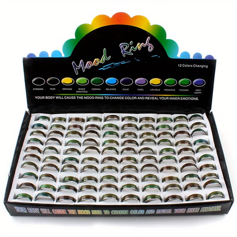 TEMU 100pcs Temperature Change Color Rings With Box 6mm Color Random Changing Ring Mood Emotion Temperature Index Copper Color Change Ring For Women Men+display Box