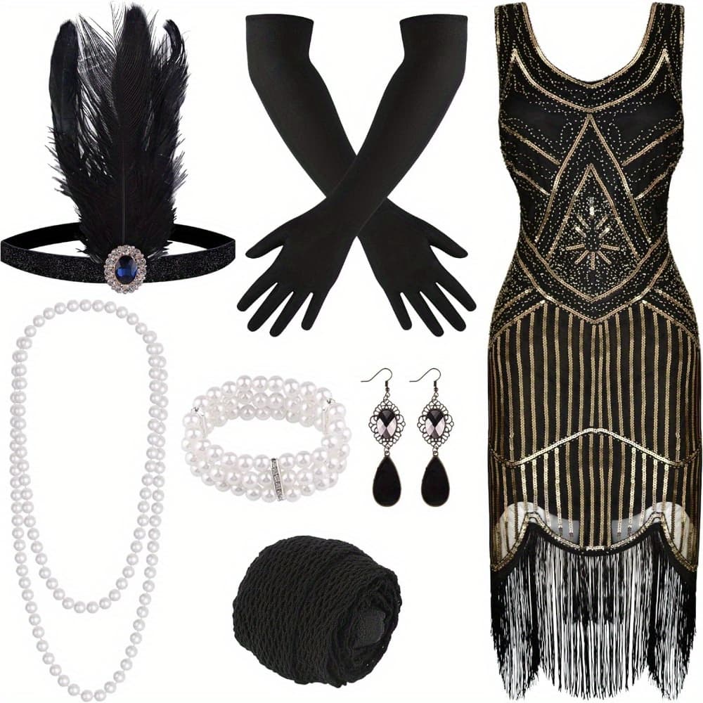 TEMU Fepito 1920s V-neck Sequin Beaded Fringed Dress With 20s Additions Set. Gift