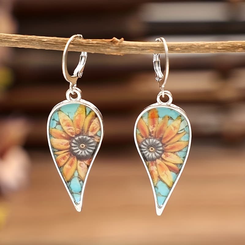 TEMU Irregular Droplet Shape Sunflower Pattern Vintage Dangle Earrings Retro Alloy Jewelry Delicate Female Gift