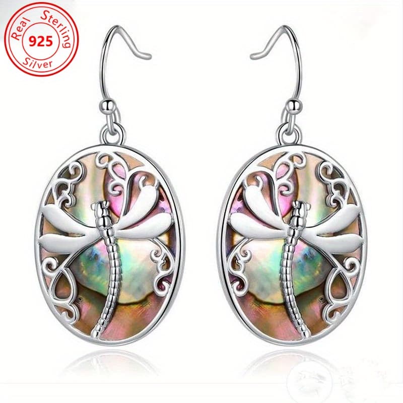 TEMU A Pair Of S925 - Low Allergy - Retro Carved Dragonfly Shell Earrings - Bohemian Pendant - Complex Oval Commemorative Jewelry Perfect Female Gift