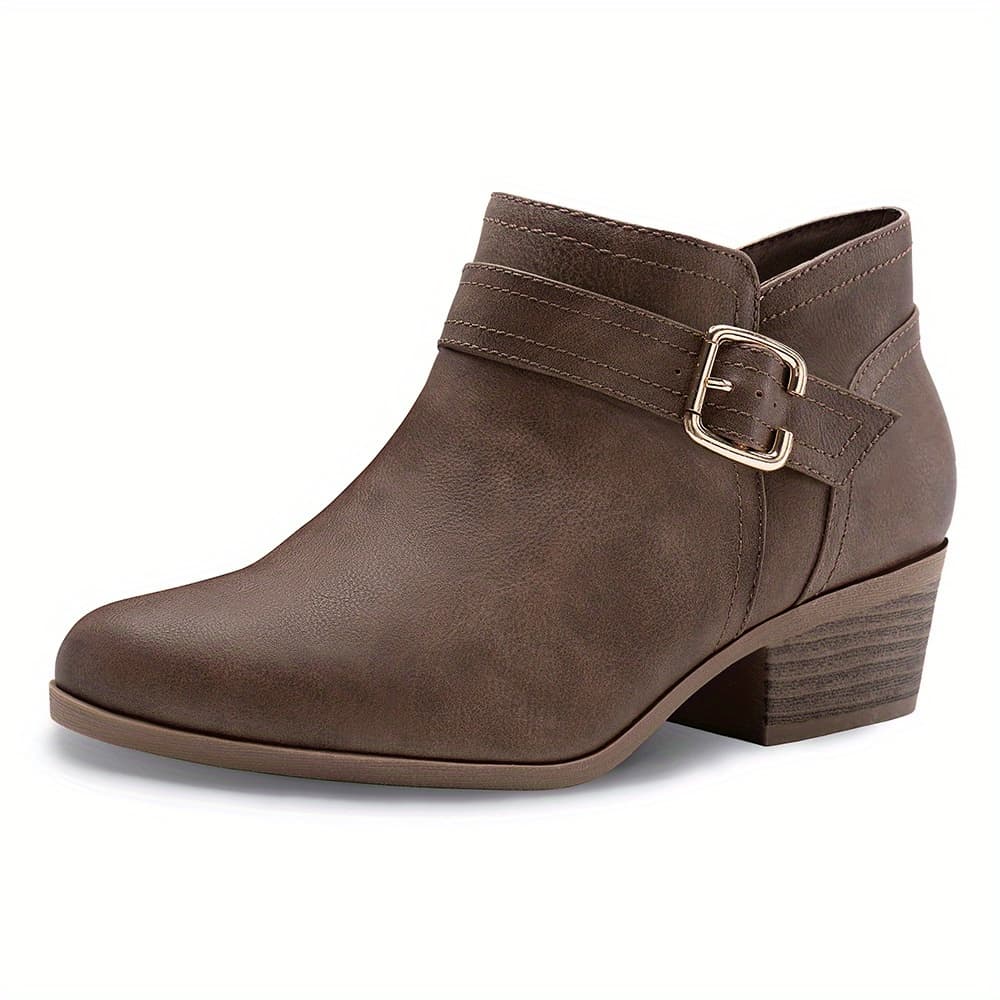 TEMU Women's Chunky Low Heel Ankle Boots, Classic Solid Color Strap & Side Zipper Booties, Women Shoes