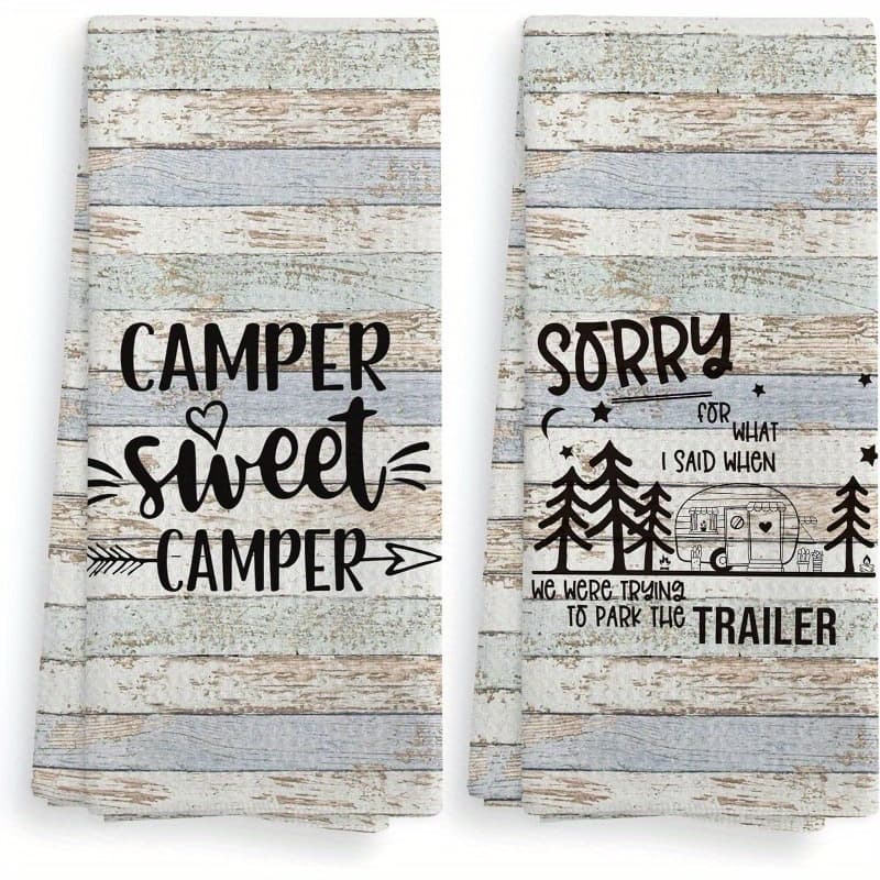 TEMU 2pcs Camping Kitchen Towels - 18x26 Inch, Absorbent & Reusable, Rustic Wooden Plank Design With " Sweet " & "sorry For What I When We By The Trailer" Quotes, Perfect Gift For Camping Enthusiasts