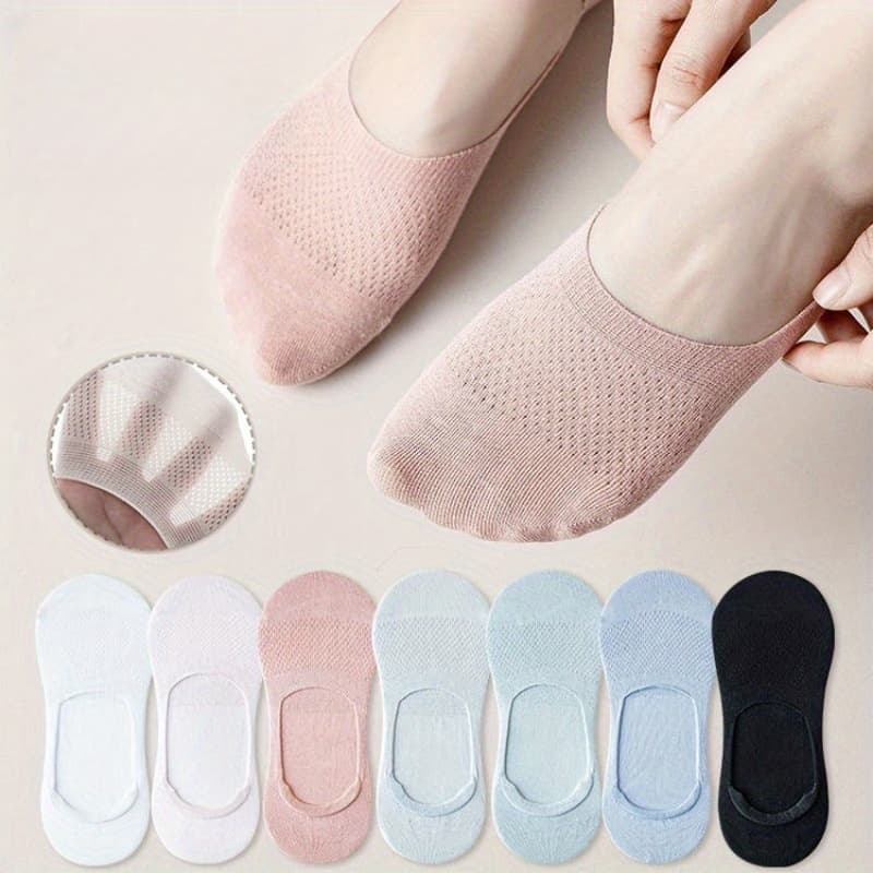 TEMU 7 Pairs Of Solid Color Mesh Short Socks, Shallow Mouth Invisible Breathable Women's Socks, Women's Boat Socks - Stockings - Stockings