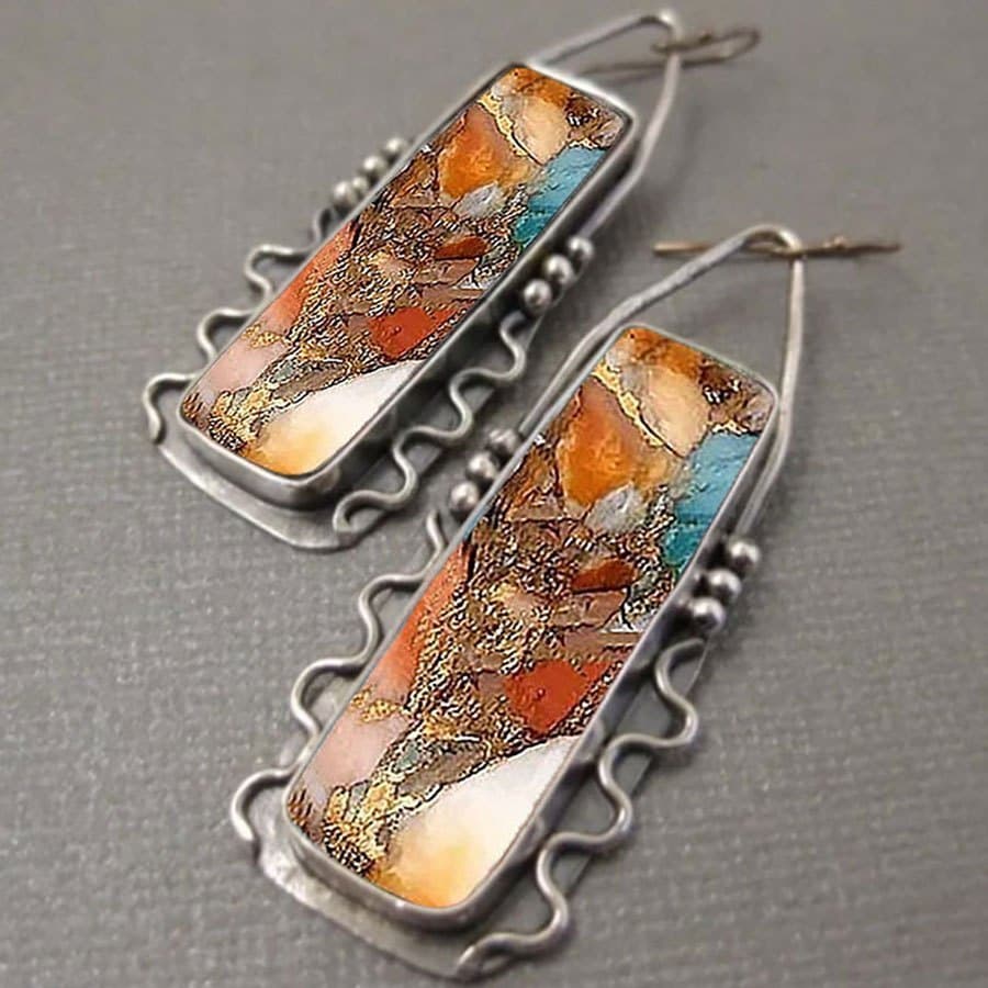 TEMU 1 Pair Of Retro Bohemian Style Geometric Pendant Earrings | Colorful Patterns, Silver Plated Alloy, Copper Ear Needle, Suitable For Daily, Party, Birthday, Anniversary Gifts