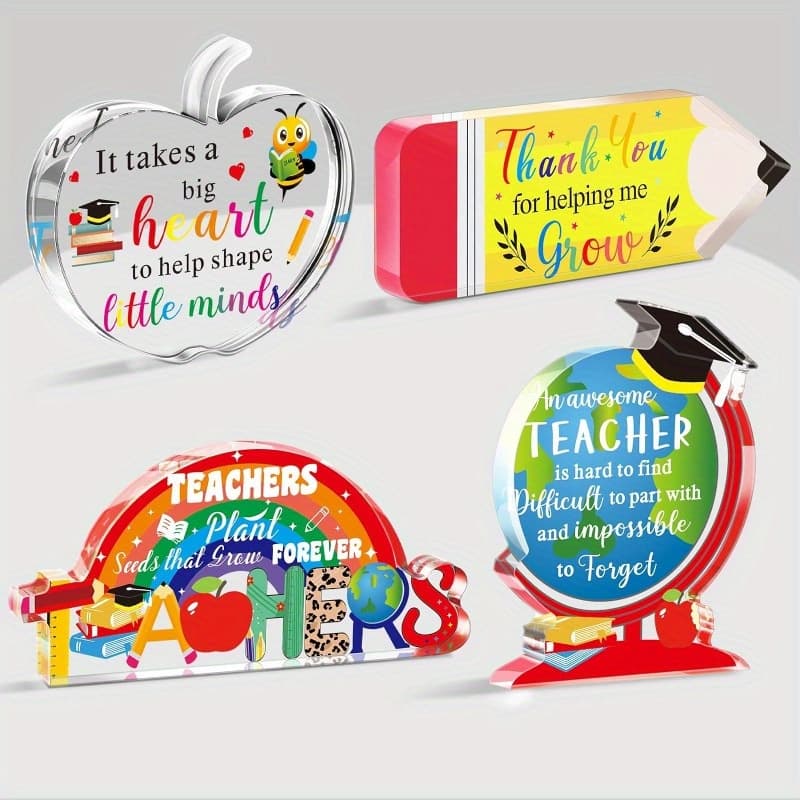 TEMU 2d Flat, 4pcs Acrylic Teacher Appreciation Gifts Bulk For Teacher Birthday Decor For Teacher Paperweight Keepsake School Classroom Office Desk Accessories Centerpieces