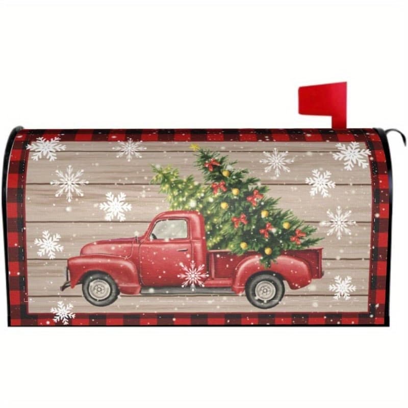 TEMU 1pc, Christmas Mailbox Covers Magnetic Standard Size 18x21 Xmas Truck Tree Snowflakes Red Print Decorative Mailbox Wrap Cover Holiday Decorations Outdoor Home Patio Garden Decor