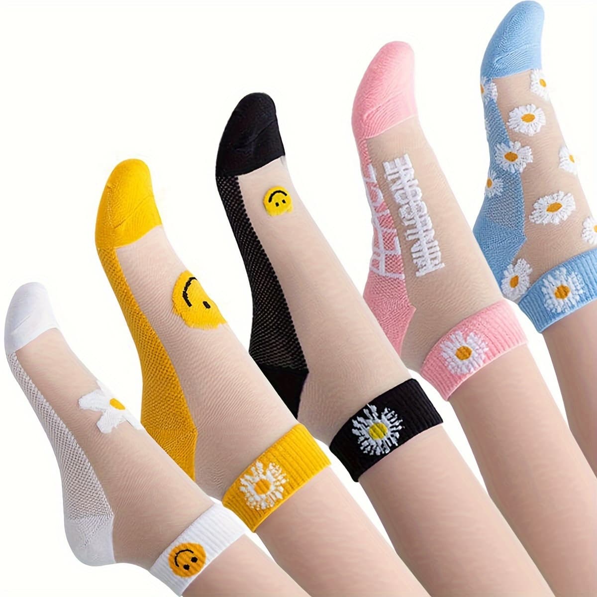 TEMU 5 Pairs Daisy And Pattern Socks, Breathable Short Socks, Women's Stockings And Hosiery