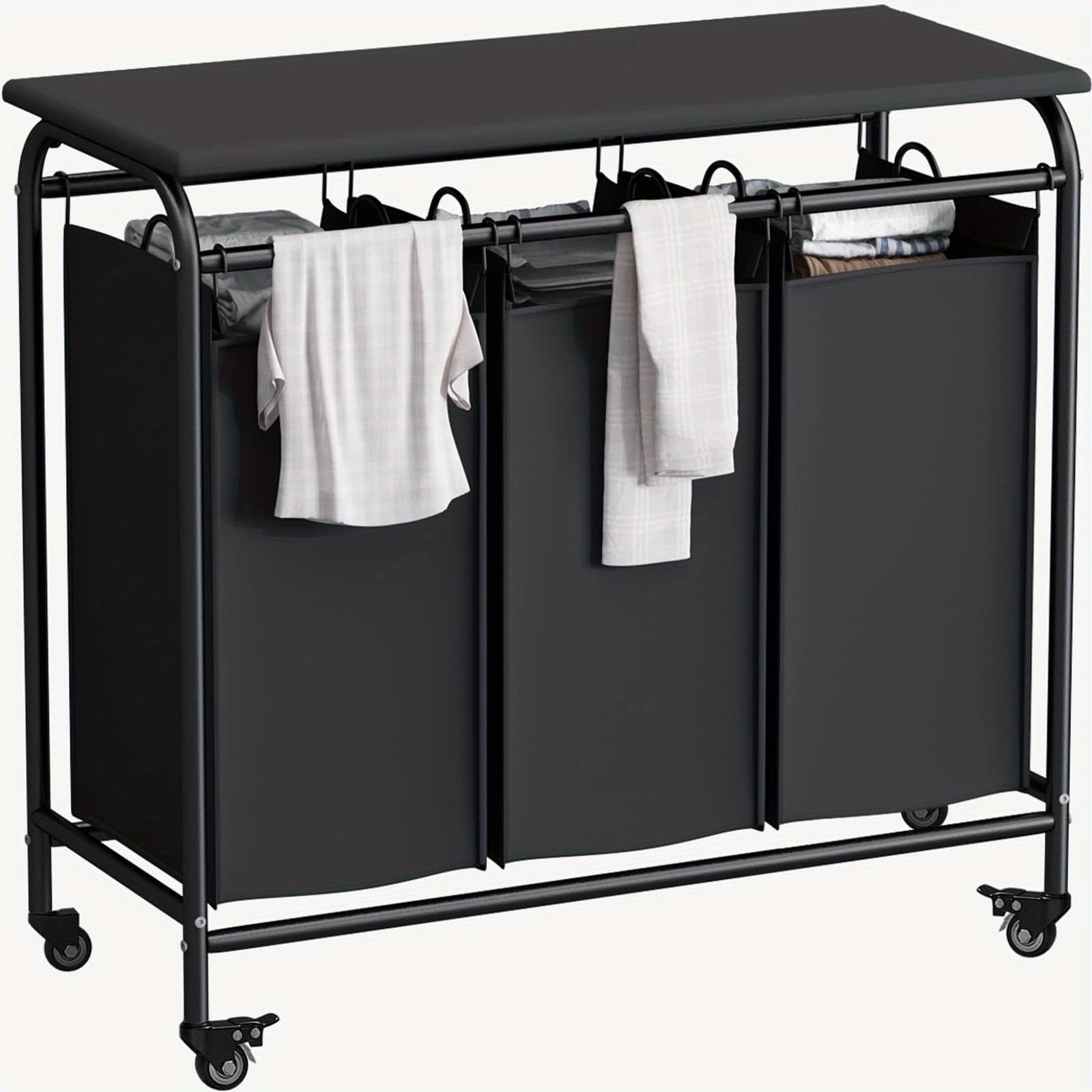 TEMU Suoernuo 3-bag Laundry Sorter Heavy Duty Rolling Lockable Wheels Laundry Hamper Cart With Ironing Board And Removable Bags