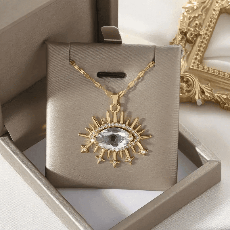 TEMU 18k Electroplated Titanium Steel Chain Fashionable Evil Eye Crystal Zirconia Pendant Necklace For Women