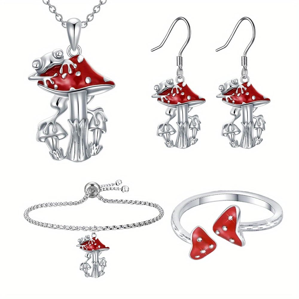 TEMU Fashionable And Simple 2 Red Mushroom Ring Necklace Earrings Bracelet Four-piece Set For Birthday Christmas Gift