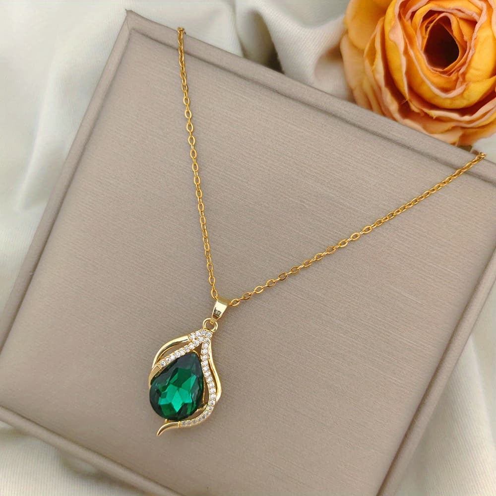 TEMU 1pc Women's Fashion Pendant Necklace With Water Drop Synthetic Synthetic Zirconia Copper Charm, Christmas Gift