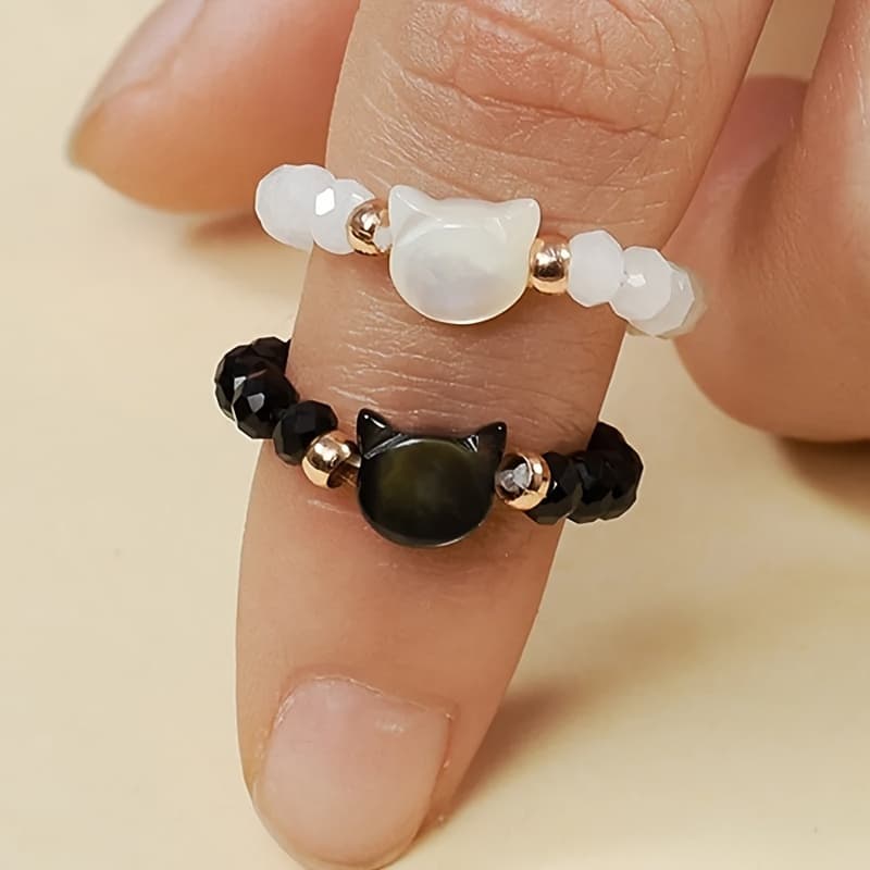 TEMU 2pcs Adorable Cat-themed Beaded Ring - Delicate Adjustable Jewelry For Girls, Perfect Minimalist Party Accessory, A Gift For Cat Lovers, For Teenager, For Teenager