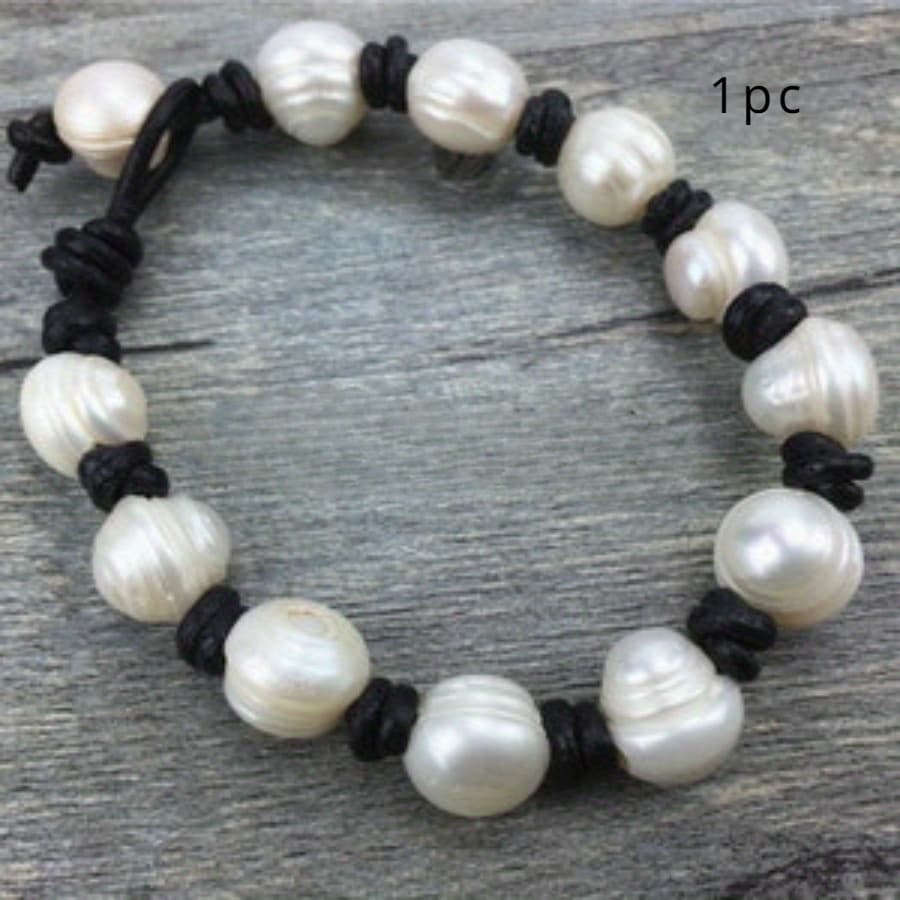 TEMU 11mm Big Pearl Bracelet Leather Pearls Bracelet Handmade Cuff White Pearls On Black Leather Bracelet