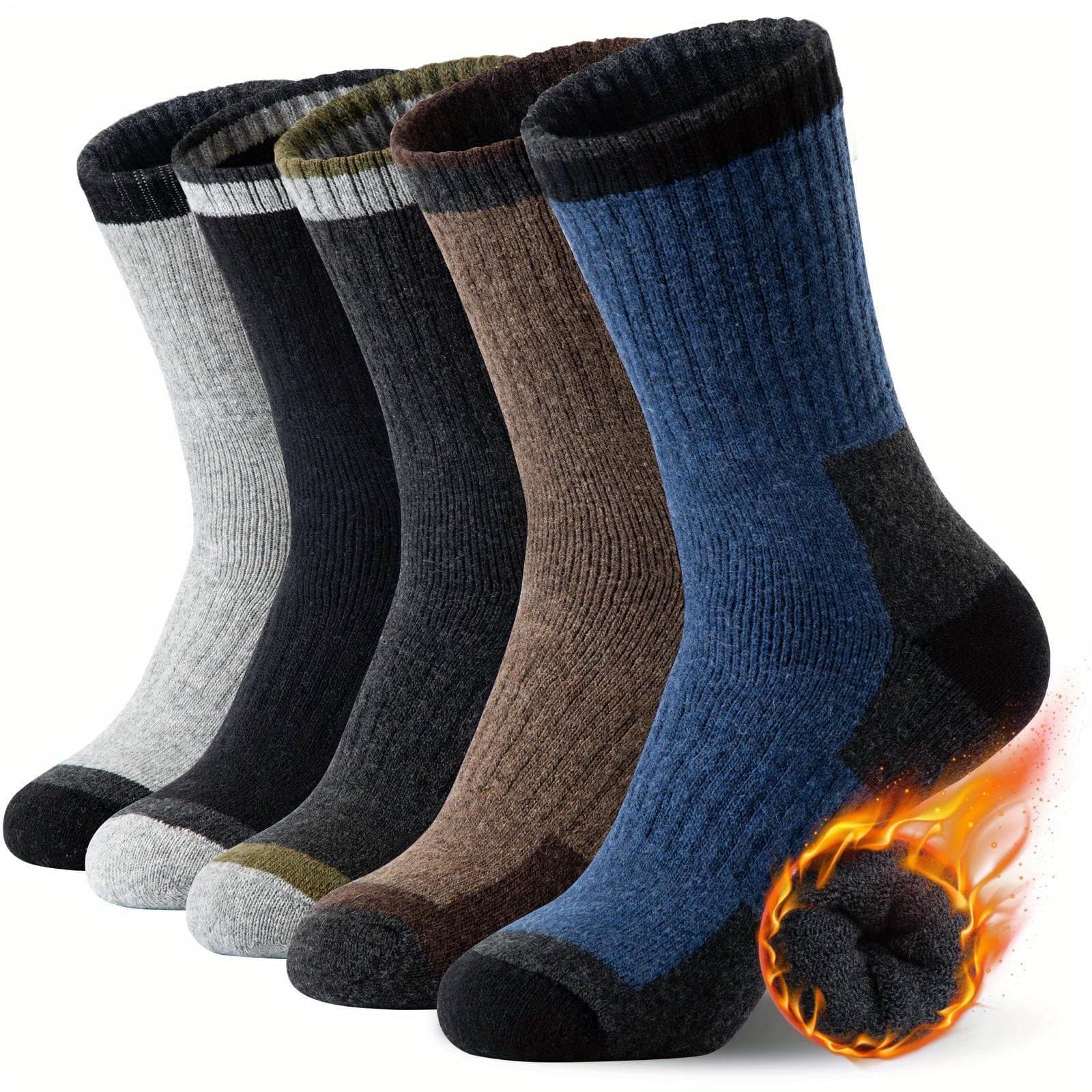 TEMU Thick Warm 5-pack Men's Crew Socks - Solid Color, Moisture-wicking, Indoor And Outdoor Use