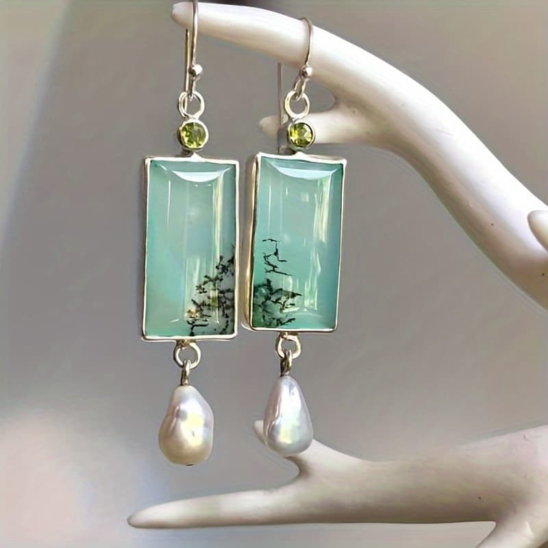 TEMU 1 Pair Green Stone Retro Pearl Simple Earrings, Square Classical Long High-end Girls Earrings