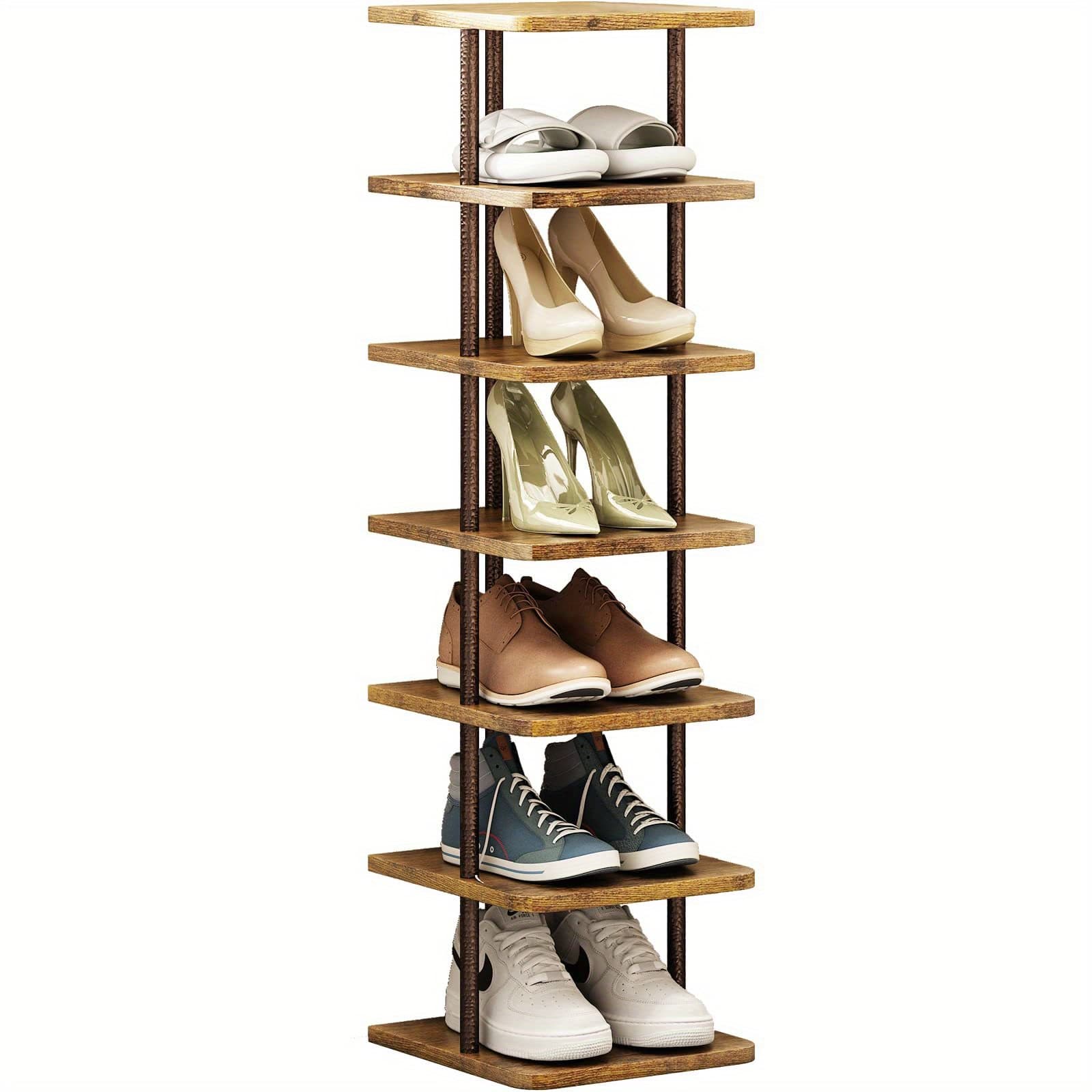 TEMU Shoe Rack Organizer 7 Tier Vertical Storage Stand Narrow Shelf For Small Spaces Entryway Corner Closet Door Bedroom (bronze + Rustic Dark Brown, 7 Tier-small)