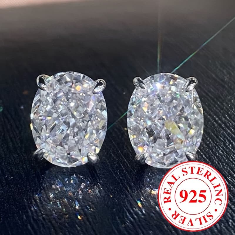 TEMU 925 Sterling Oval Stud Earrings, Sparkling Hypoallergenic Jewelry, For Women's Wedding And