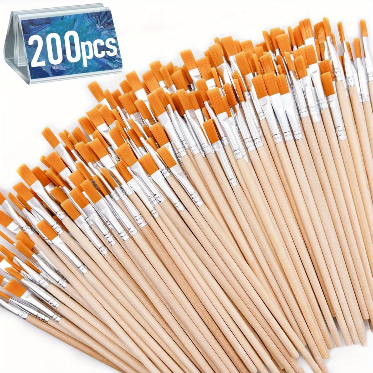 TEMU 200pcs/ Pack Flat Or Pointy Wooden Handle Nylon Bristles Painting Brushes For All Purpose Oil Watercolor Painting Artist Professional Kits.