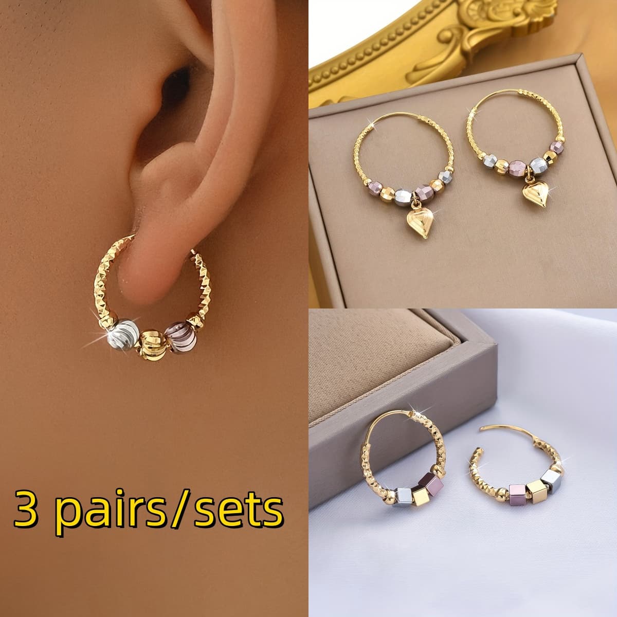 TEMU 3 Pairs/sets Of Beading Design Ladies Colorful Fashion Earrings, Suitable For Everyday Ladies Jewelry Additions Gifts To Female