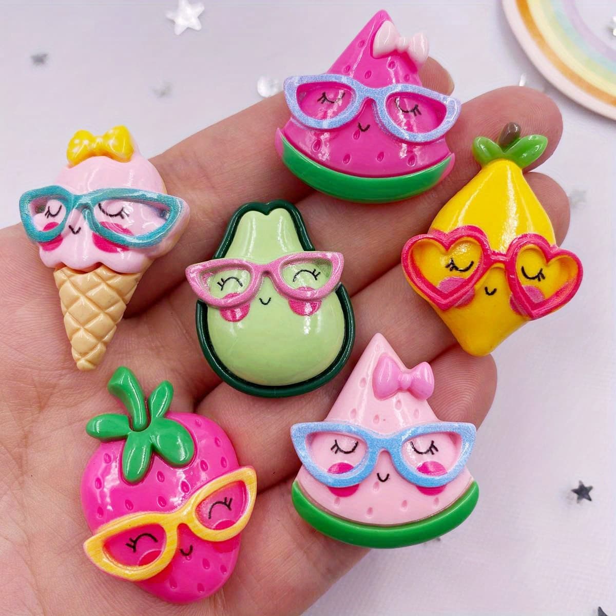 TEMU 6pcs Set Of Colorful Resin Fruit & Ice Cream Charms With Cool Glasses - Avocado, Watermelon, Bow Designs For Diy Scrapbooking And Jewelry Crafting