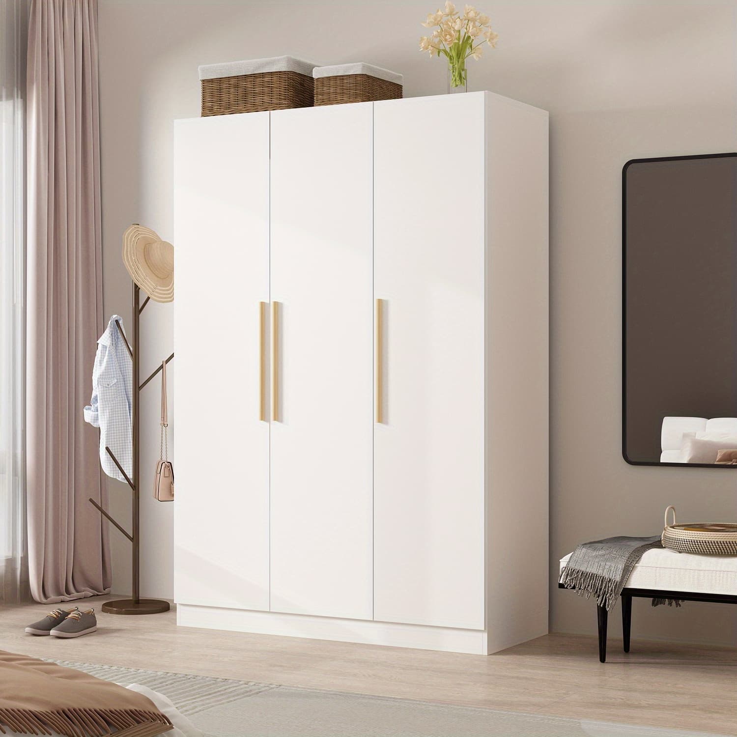 TEMU Modern 3- Wardrobe Closet For Clothes Storage, With 6 Compartments And Hanging Rod, Wardrobe Closet With Handles For Bedroom, Large Storage Capacity, Grey Brown And White Styles