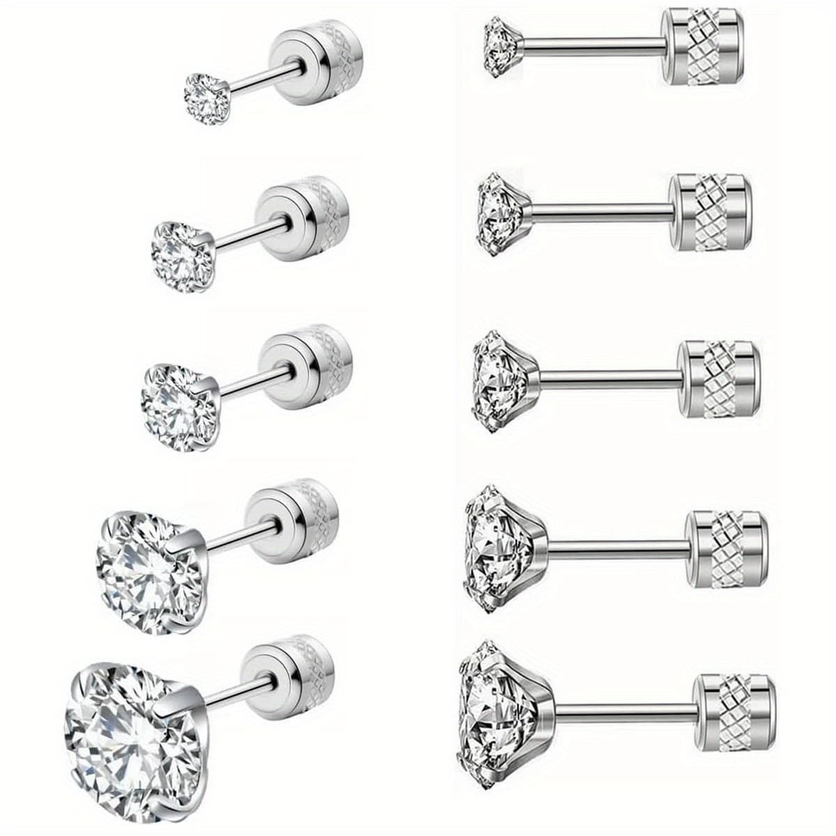 TEMU 5 Pairs Screw Back Stud Earrings, Hypoallergenic Stainless Steel Cubic Synthetic Zirconia Double Sided Ear Ringing For Women Men Cartilage Tragus Earring 2-6mm