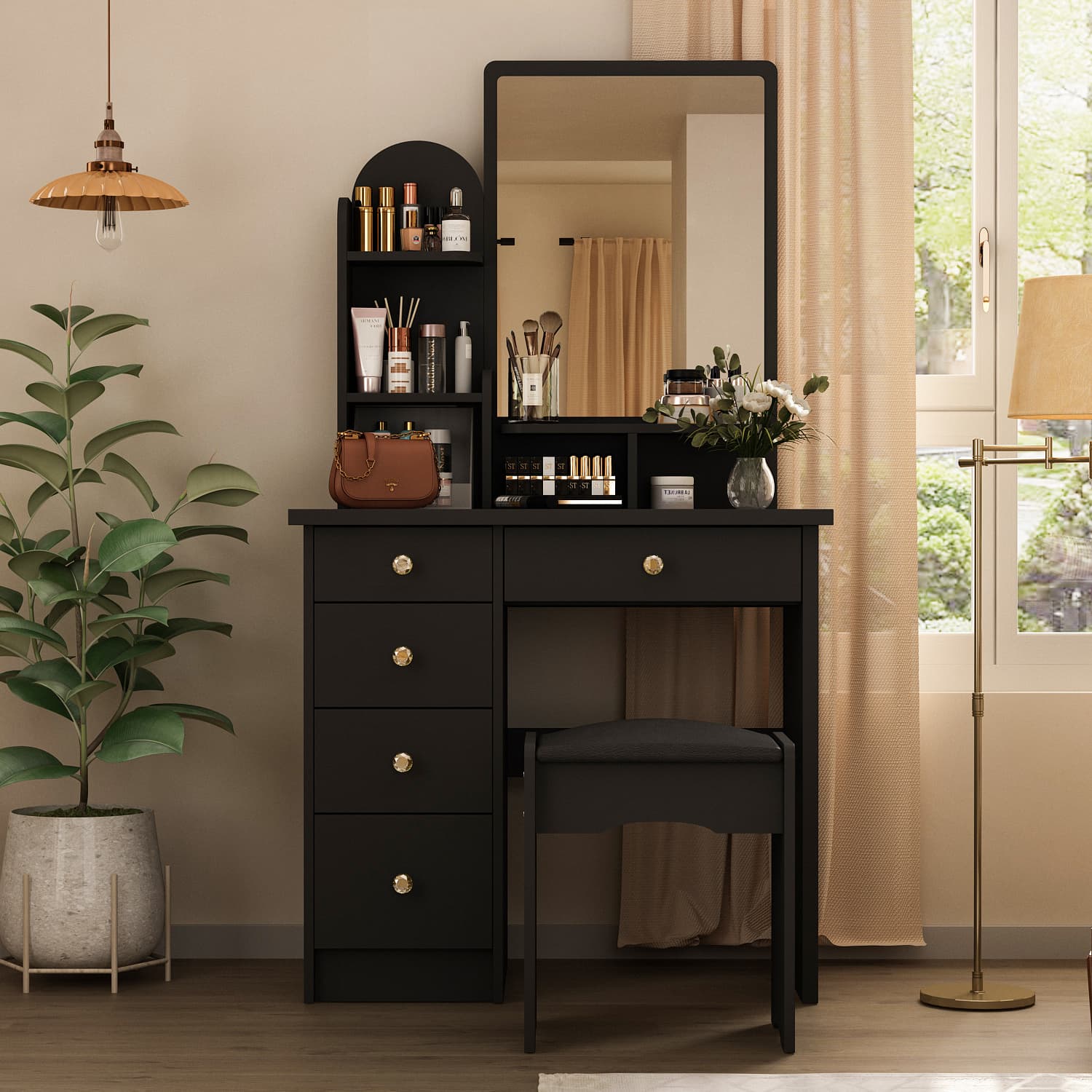 TEMU Bedroom Vanity Desk Set With Large Mirror, Featuring A 5-drawer Makeup Dressing Table, Cushioned Stool, And Desktop Storage Rack For Organization