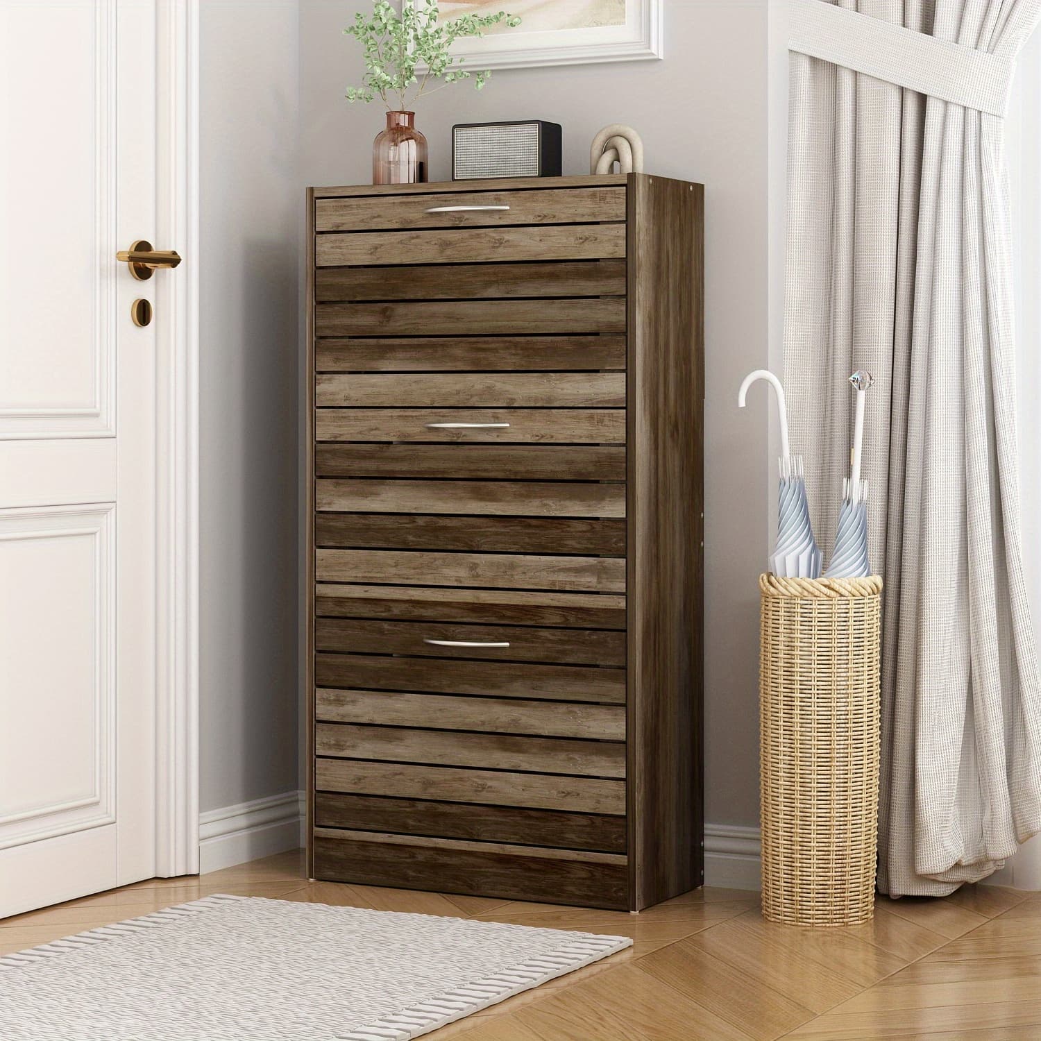 TEMU 3-drawer Shoe Storage Cabinet With Ventilate Doors, Wood 3-tier Shoe Rack Storage Organizer For Entryway, Hallway, Living Room, Or Office, Large Storage Capacity