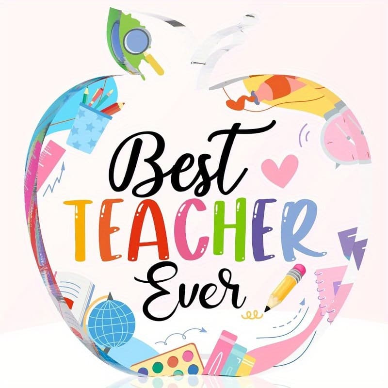 TEMU Teacher Appreciation Gift For Women - Best Teacher Ever Paperweight With Colorful School Supplies Design, Thank You Graduation For Educators, Classroom Office Decor, Sleek | Highquality Design
