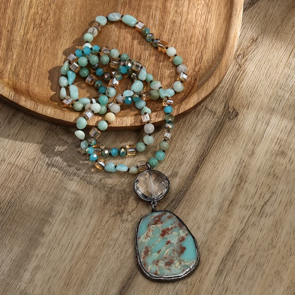 TEMU 1 Vintage Bohemian Chic Natural Stone Necklace Elegant Pendant Suitable For And Daily Wear