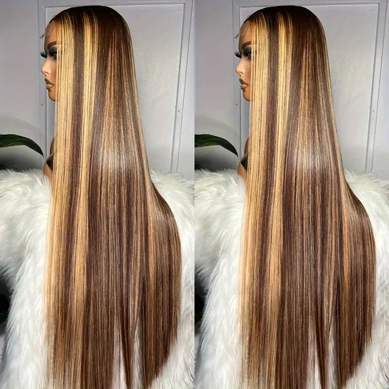 TEMU 250% Density 4/27 Highlight Ombre Lace Front Wig Human Hair 13x5 Frontal Hd Transparent Lace Pre Straight Lace Front Wig Human Hair Brown Colored Honey Blonde Lace Front Wig Human Hair
